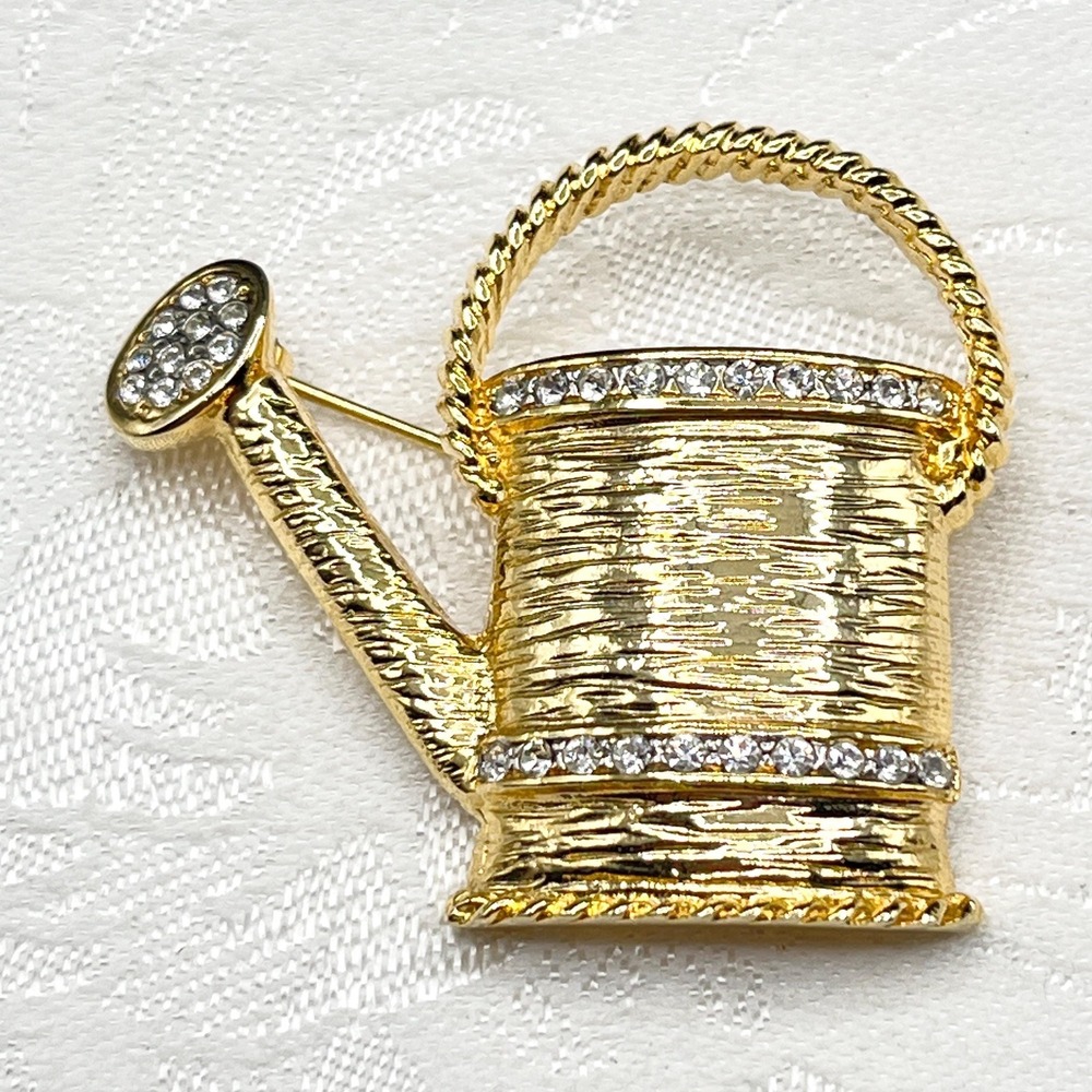 Vintage 90s Gold Tone Watering Can Pin With‎ Rhinestones - Signed '95 FPO